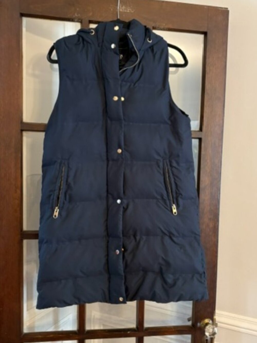 Zara Long Navy Hooded Puffer Vest, Size Small